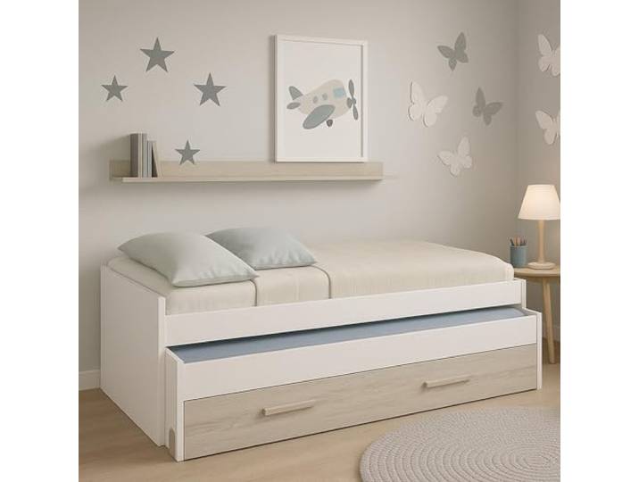 Dmora - Kinderbett Sunnyvale, Bettgestell für Schlafzimmer, Einzelbett mit ausziehbarem Bett, Schublade und Regal, 199 x 96 x 65 cm, Weiß