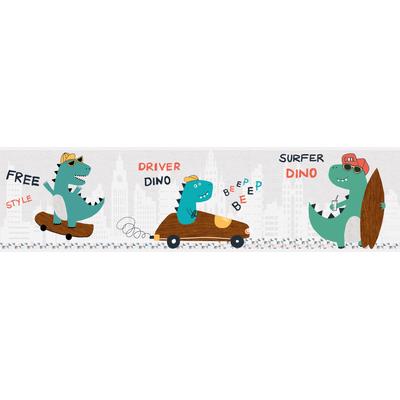 Bordüre A.S. CRÉATION "Cool Dino", grau (grau braun türkisgrün), B:0,16m L:5m, Papier, Tapeten, Tapete Kinder Borte Wohnzimmer Schlafzimmer Küche Design Kinderzimmer