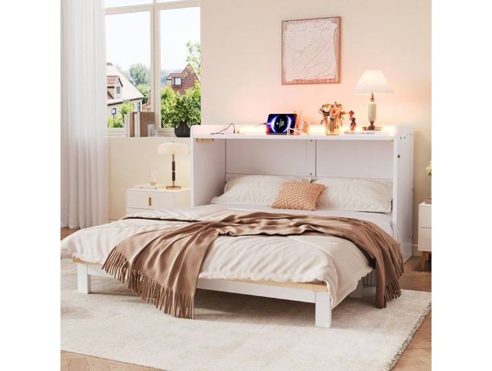 Lit Double escamotable convertible blanc 140x200cm plateau laqué tiroirs rangement LED USB prise électrique Sans Matelas