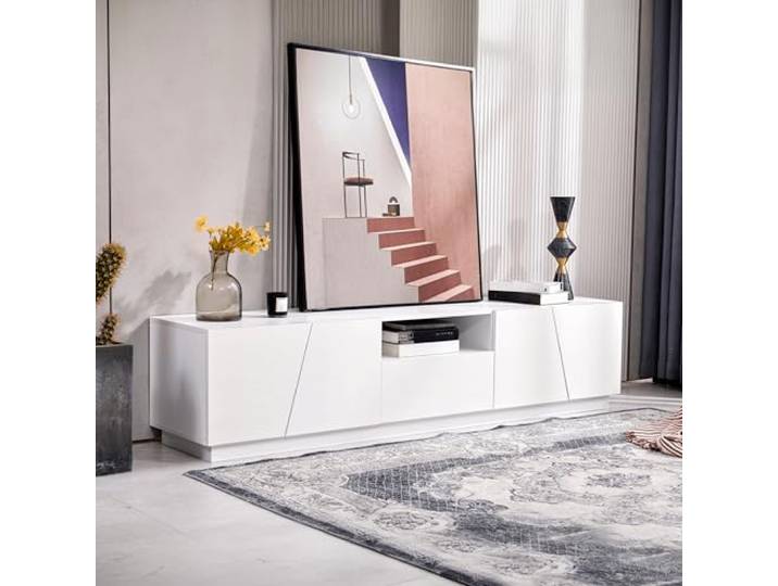 Ropilly TV Board Weiß Modern 170 cm Fernsehschrank Patchwork Stil MDF TV‑Schrank mit hoher 80 kg Tragkraft, 4 Türen und 2 offenen Fächern zur optimalen Aufbewahrung.