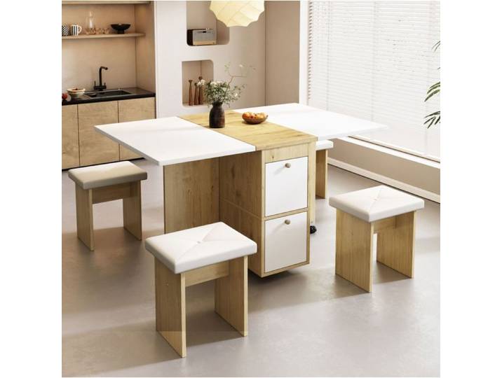 Ensemble table à manger pliante et extensible – Blanc et chêne – 1 table + 4 tabourets
