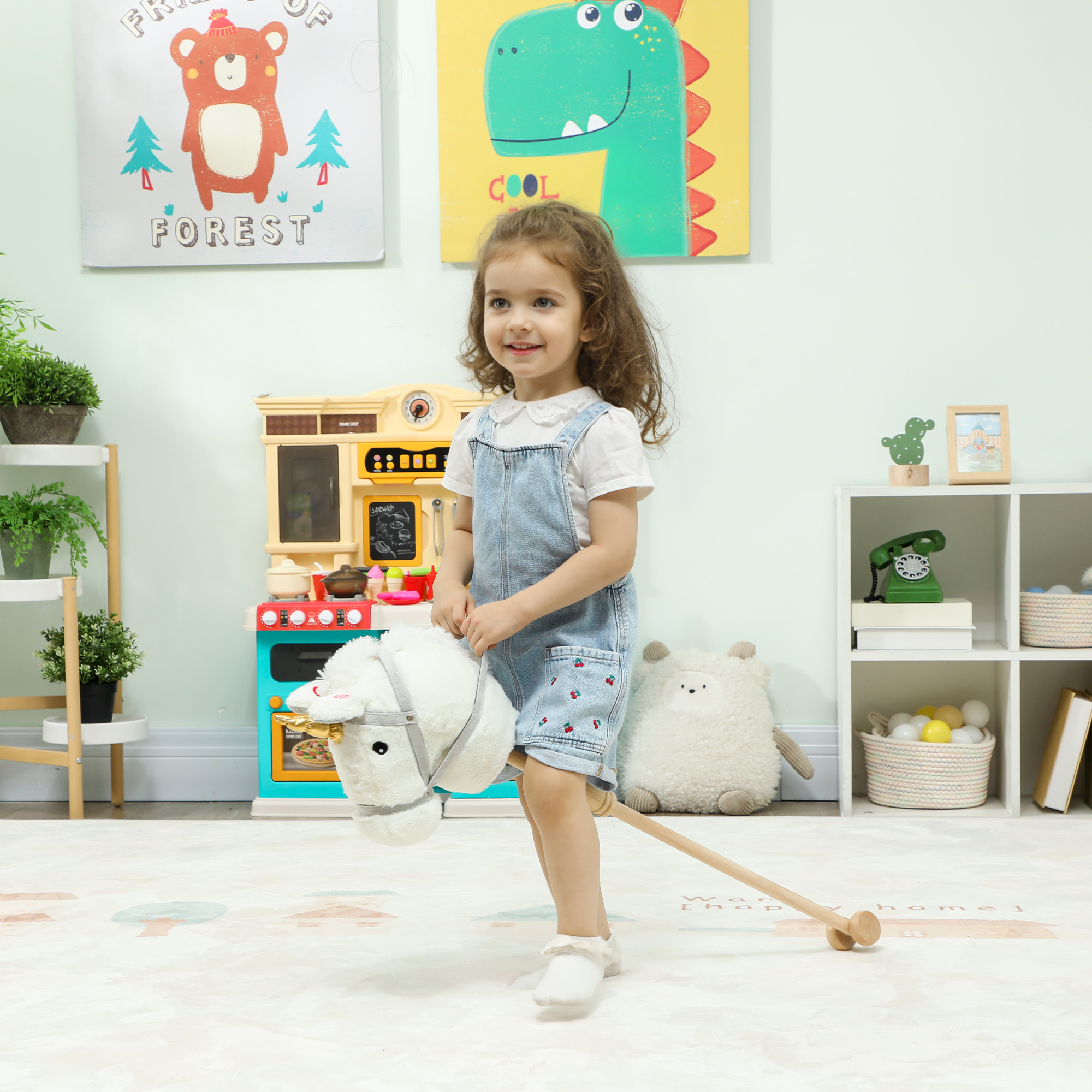 Aiyaplay Testa di Cavallo con Bastone in Legno, Design Unicorno, Suoni e Ruote, Cavallo Giocattolo 95 cm di Altezza, Bianco   Aosom Italy