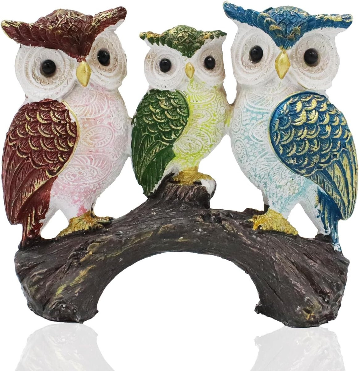 Handgeschilderd Uilen Decoratie Beeldje van Hars - Meerkleurig