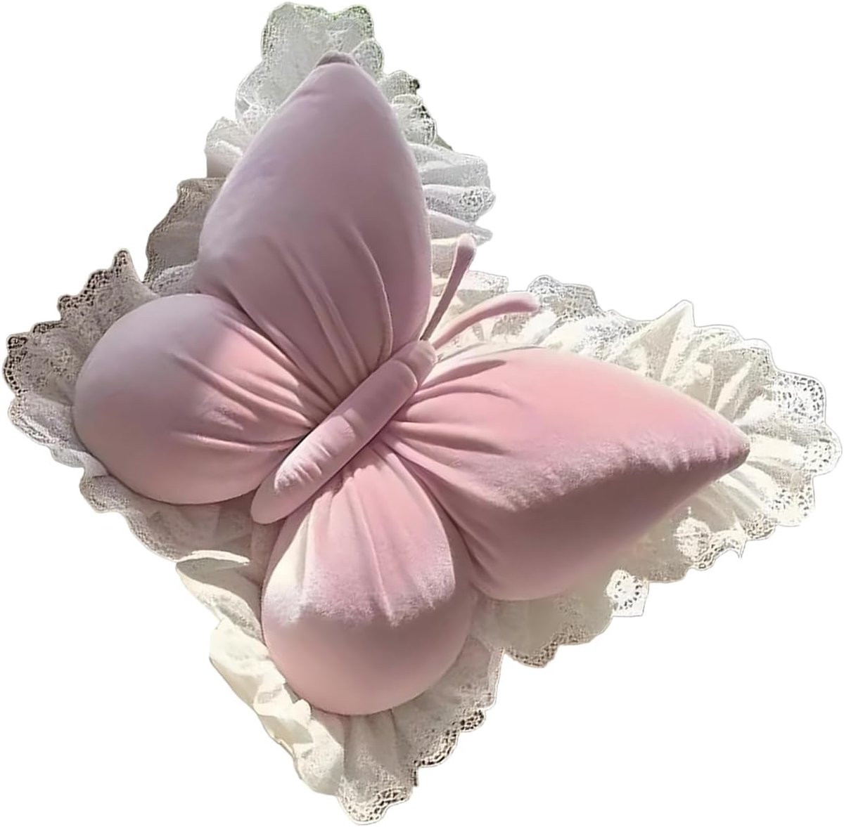 Roze Vlinderkussen met kantaccent - Decoratief kussen - 45 x 40 cm