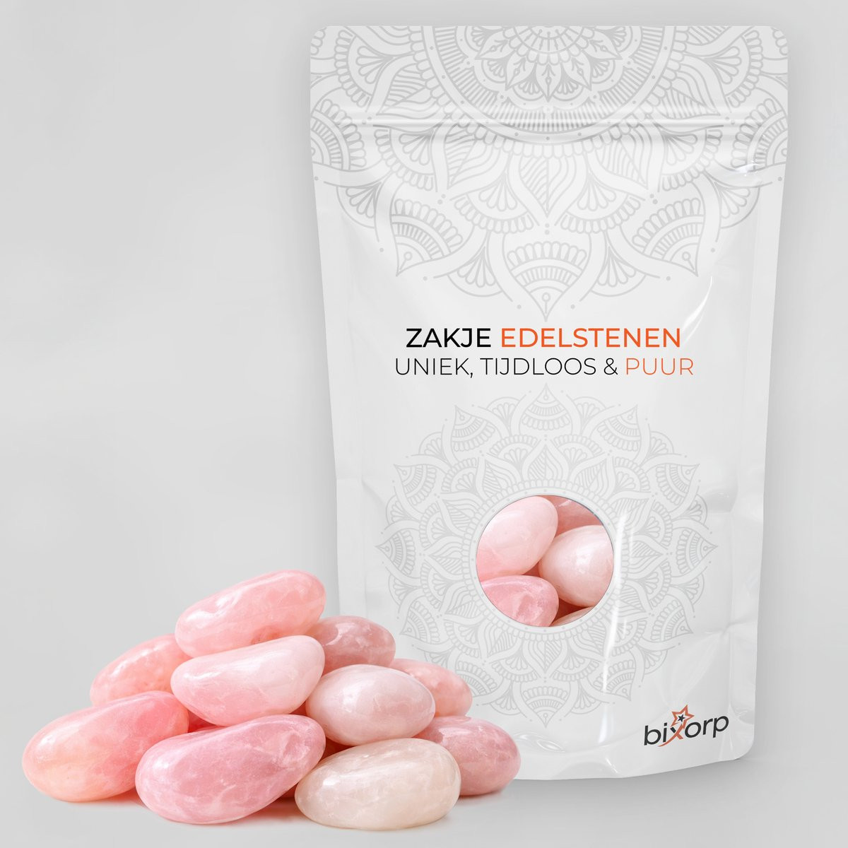 Bixorp Zak met Natuurlijke Rozenkwarts Trommelstenen - 200g - Edelsteen Knuffelsteen
