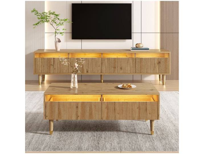 MEULVA Ensemble salon meuble TV 4 portes et table basse 2 tiroirs LED 7 couleurs MDF décor bois