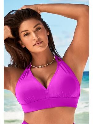 Plus Size Women's Loop Strap Halter Bikini Top by Swimsuits For All in Very Fuchsia (Size 14)