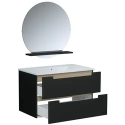 Aucune, Badmöbelset, Badezimmer-Waschtischunterschrank – Waschbecken – Mattschwarz – B 80 x T 45 x H 50 cm – Spiegel