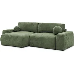 ECKSOFA Puffy mit Schlaffunktion und Bettkasten - besonders weich und puffig aus Grün Chenille-Stoff - Ottomane links