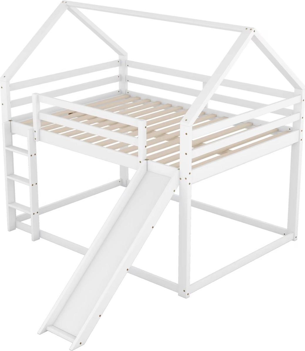 Bolt Edge Kinder-Stapelbett mit Rutsche - Hausbett 140x200cm - Hochbett für Kinder - 2 Kinderbetten - Mit Ecktreppe, Absturzsicherung und Fenster - Weiß/Grau
