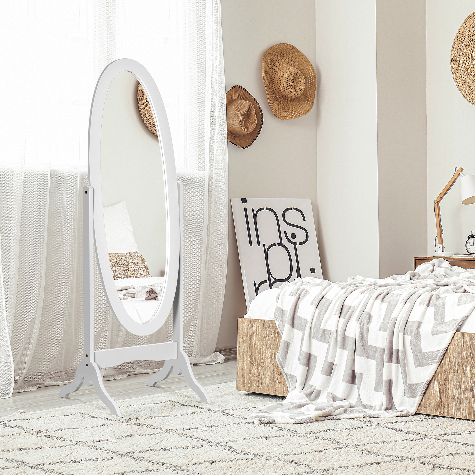 Homcom Specchio da Terra Ovale a Figura Intera con Inclinazione Regolabile, 47.5x45.5x154.5cm, Bianco Aosom