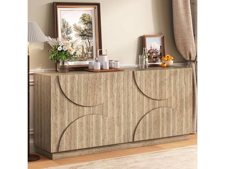 FammyLoft Sideboard Wohnzimmer mit 4 Türen, Buffetschrank mit Regalen und Rebounder, 160×40×80cm, Modern Wohnzimmerschrank für Esszimmer & Flur, Holz