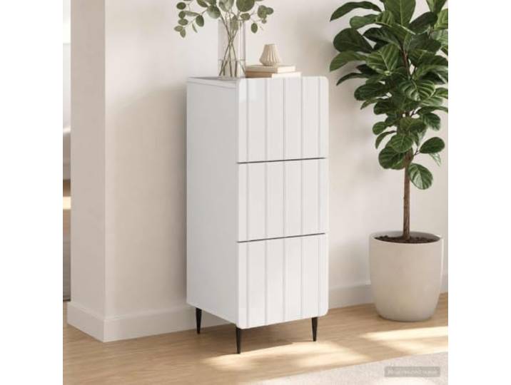 VIHHQGC Schubladenschrank Weiß 33 x 34,5 x 92 cm Holzwerkstoff Kommode Streifenmuster, runde Kanten, konische Metallbeine, glatte Oberfläche, pflegeleicht