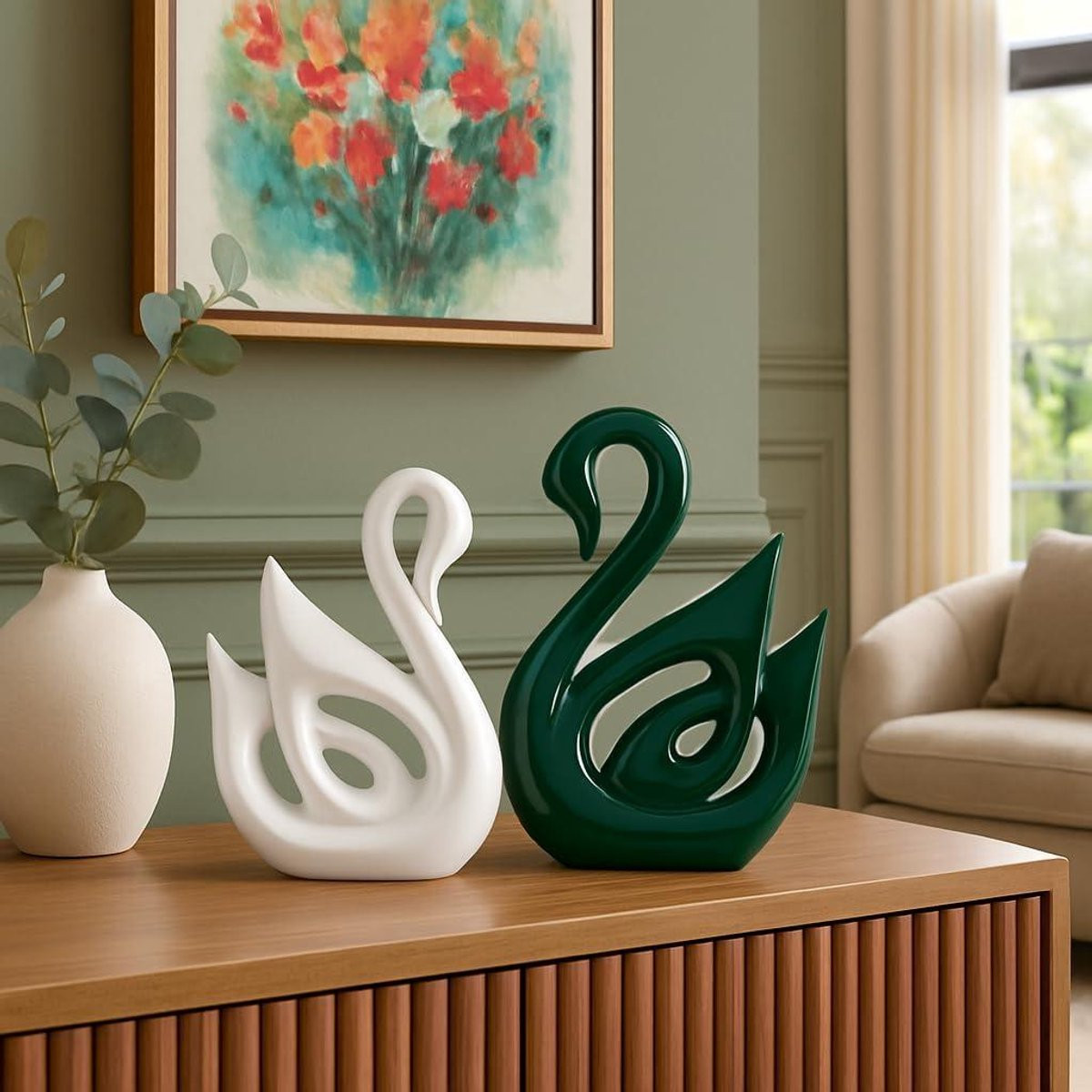 Set van 2 Keramische Zwanen Beelden - Abstracte Decoratie - Groen Wit
