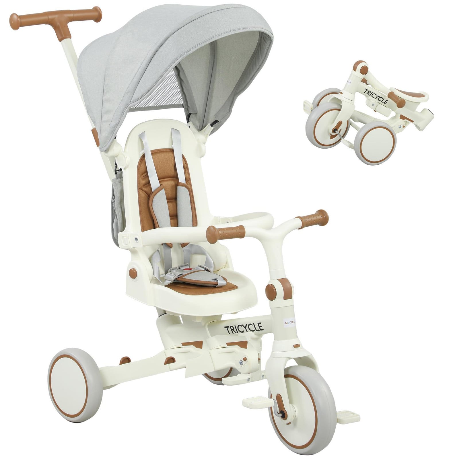 AIYAPLAY Driewieler 5-in-1 met duwstang voor kinderen van 1-3 jaar, opvouwbaar, crèmekleurig