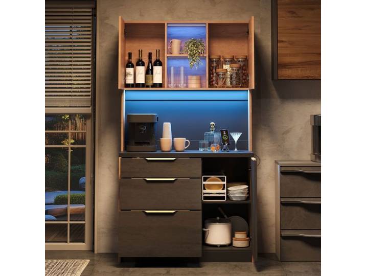 Buffet haute de cuisine avec plan de travail noir éclairage LED réglable prises électriques aux normes européennes 100×40×180 cm