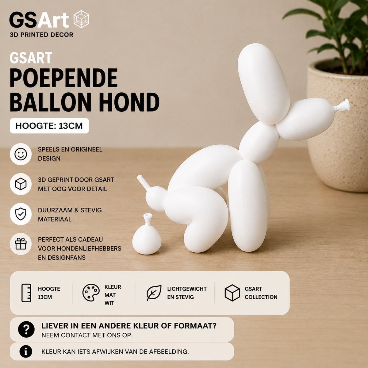 GSArt Decoratief Beeld Poepende Ballon Hond - Mat Wit - 13 cm