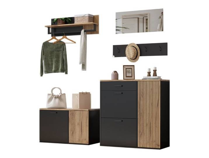 Ensemble meuble couloir: garde-robe commode miroir 2 armoires à chaussures banc porte-chapeaux 4 crochets naturel
