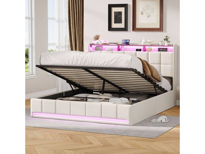 Lit coffre 140 x 190 cm lit 2 places avec USB et LED lit 140 x 190 cm avec sommier lit double 140 x 190 capitonné de lin beige