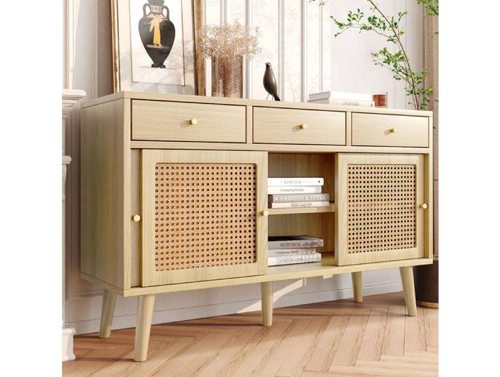 Buffet bas 3 tiroirs 3 portes coulissantes avec cannage étagères réglables décor chêne 120x40x78 cm Grjofek