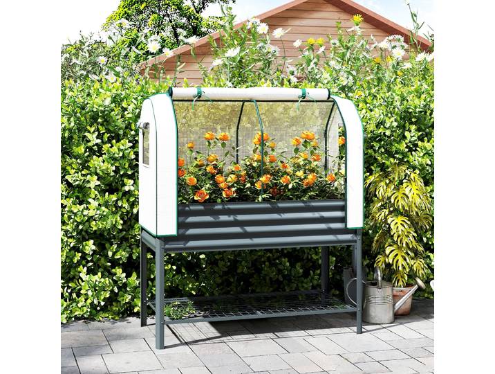 Outsunny Bac Jardin Surélevé Métal avec Serre et Étagère Gris