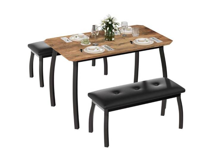 Ensemble de salle à manger gain de place - LUNSY - 110x70x76 cm - 1 table et 2 bancs - Marron - Bancs rembourrés