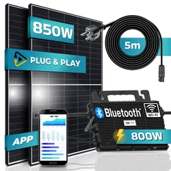 SUNNIVA® 850W Balkonkraftwerk 800W komplett Steckdose - Astro-Energy 800W Micro Wechselrichter - PV Solaranlage Komplettset - 2x 425W (850W) Solarmodule - inkl. 5m Kabel - Bluetooth, WIFI