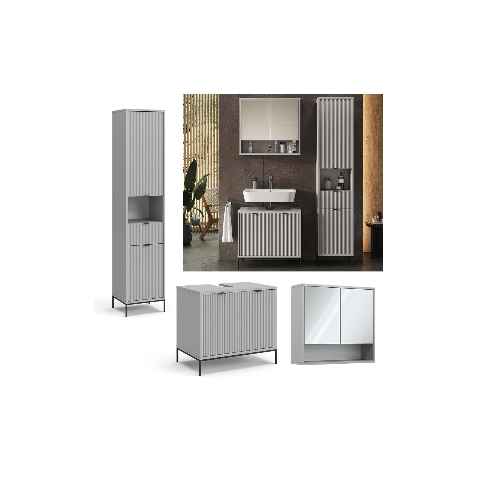 Vicco Badmöbel-Set Eliza, Grau, Badezimmer, moderne Badserie, extravagante Fronten, Waschtischunterschrank, Spiegelschrank, Hochschrank
