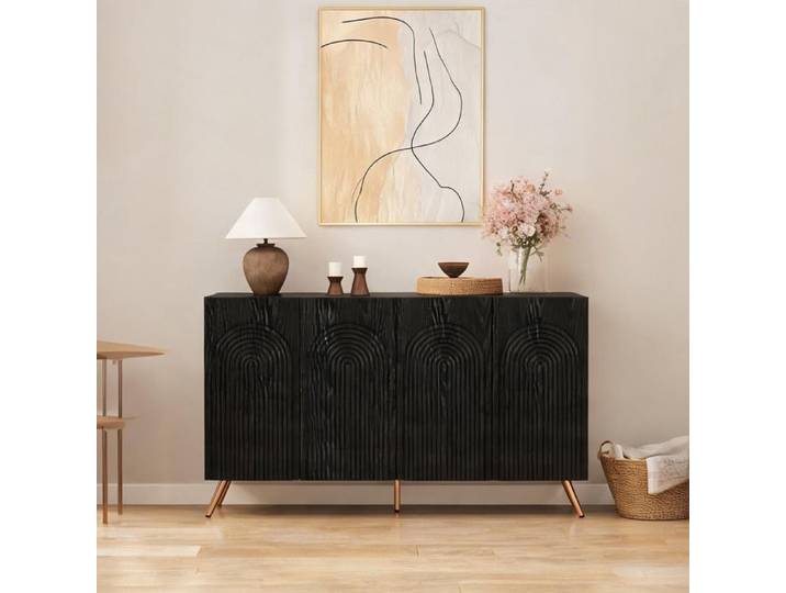 Meuble de rangement en panneaux de particules noirs 150x38x83 cm portes arquées et - Black Particle Board 150.0 x 38.0 x 83.0 cm