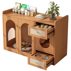 Multifunktionaler Katzenkloschrank 120x45x83 MDF Sideboard Futternapf Ruheraum Katzenstreu Aufbewahrung Nussbaum