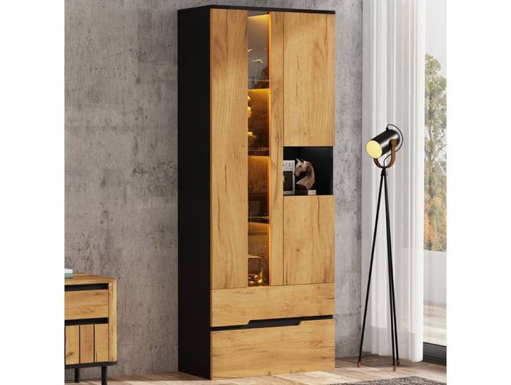 ULEVR Vitrine haute LED 70 x 35 x 180 cm 3 portes 2 tiroirs MDF et verre trempé décor bois et noir
