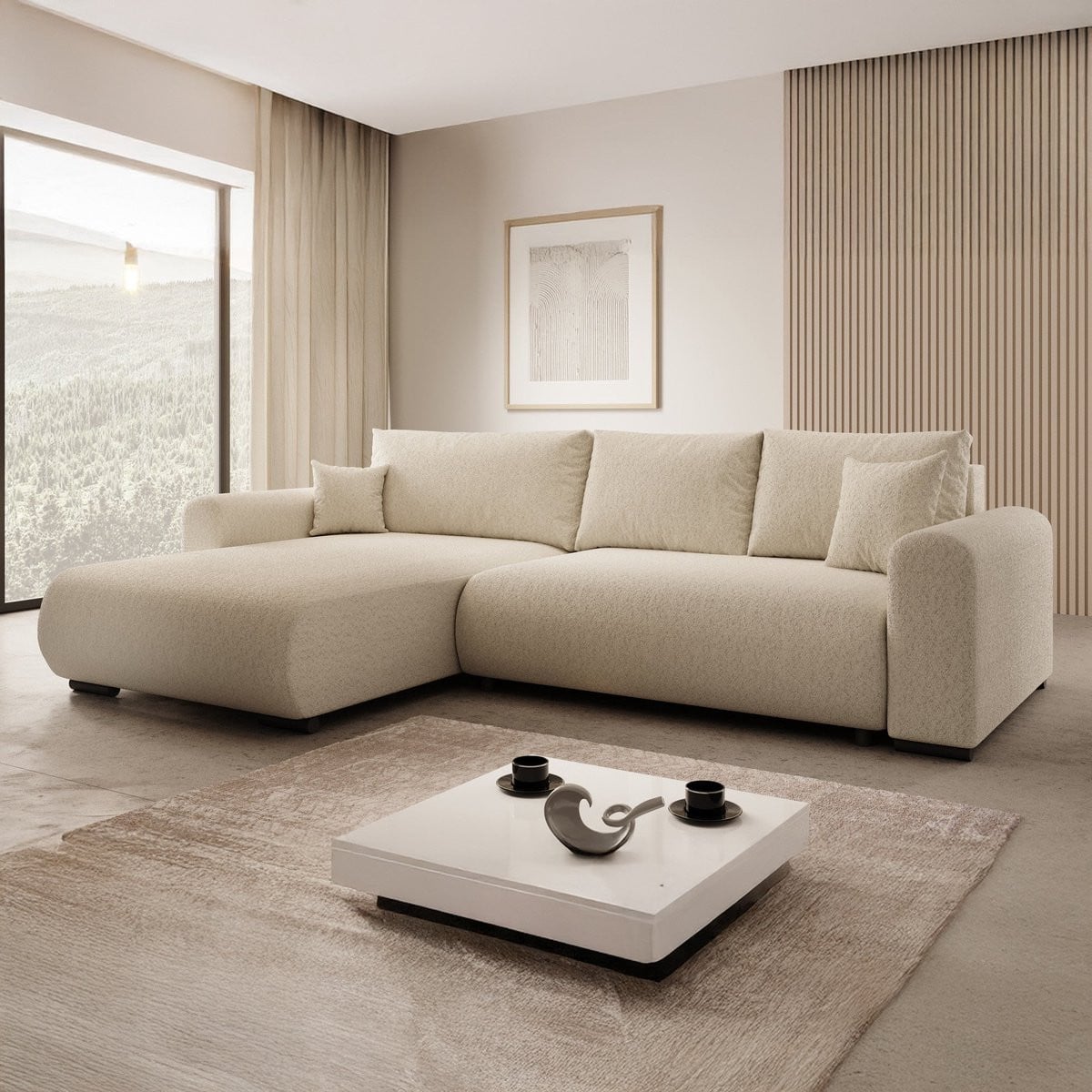 Meubella Hoekbank Mindin Beige Teddystof - Moderne L-vormige Bank met Losse Rugkussens