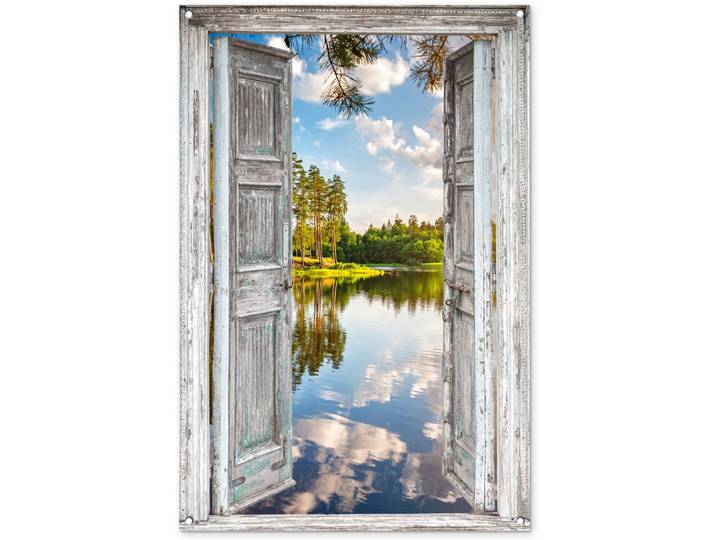 Tuinposter - Doorkijk - Bos - Bomen - Wolken - Tuinposter doorkijk - 80x120 cm - Schuttingdoek - Tuinschilderij