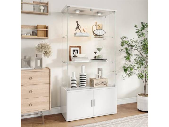 ZSSWSS Glasvitrine Standvitrine,Glasschrank Vitrine, 4 Lagen & 2 Abschließbaren Türen,Vitrinenschrank aus Holz & Glas für Sammlervitrine,Bücher und Wein,Weiß A