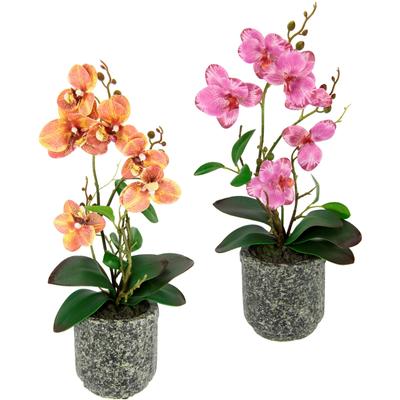 Kunstpflanze OTTO HOME "Orchidee", bunt (rosa, orange), B:18cm H:38cm L:38cm, Kunstpflanzen, Kunstpflanze, Mit Blättern und Luftwurzeln, im Topf aus Keramik, 2er Set