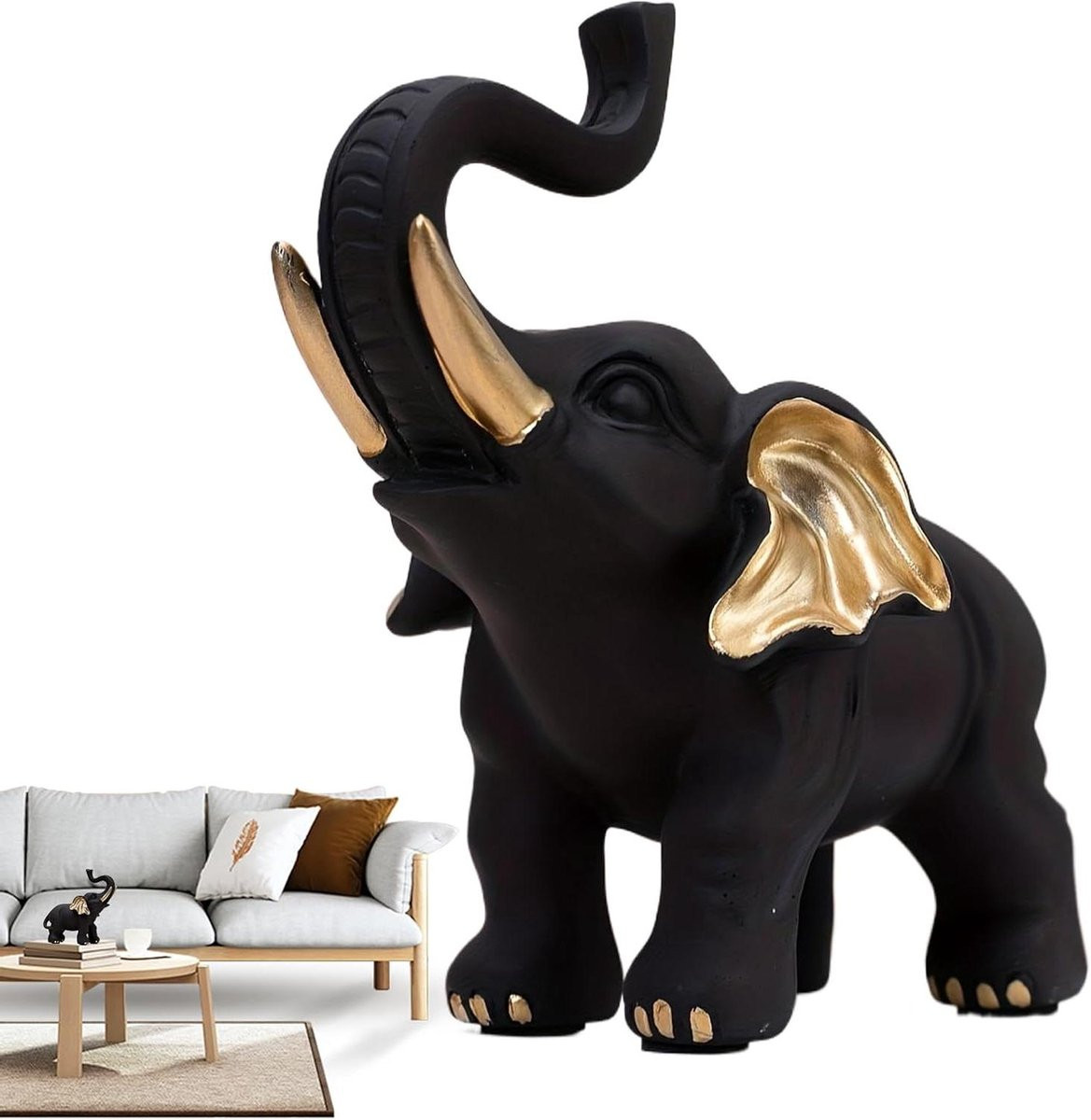 Olìfant Decoratief Beeld Zwart Goud - Hars Geluksbrenger voor Woonkamer, Slaapkamer of Kantoor