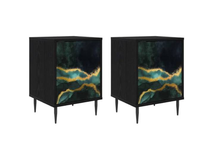 KDVXBCQJH Nachttisch 2er Set Schwarz Eichen-Optik 36x33x51 cm WIJHE Kompakte Beistelltische fürs Schlafzimmer mit 2 Türen, Grafik-Muster und erhöhten Füßen für optimale Luftzirkulation.