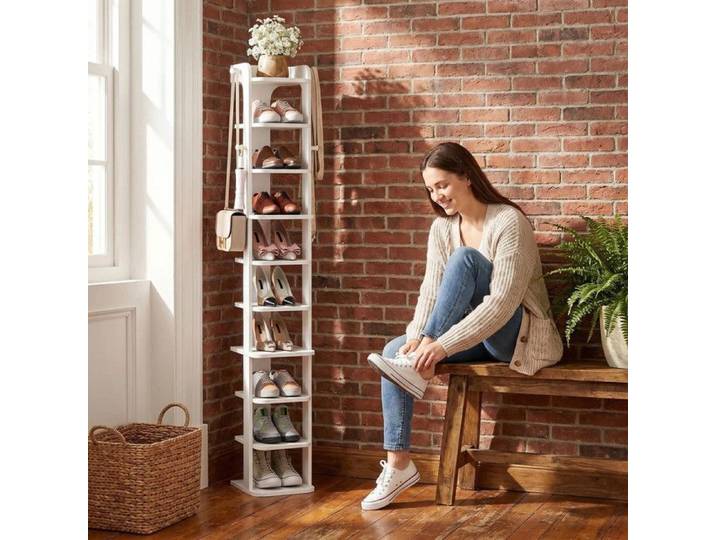 Étagère à chaussures blanche à 10 niveaux avec crochets design en bois réglable étagère de rangement gain