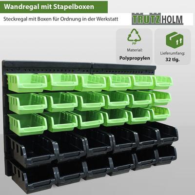Baumarktplus 32tlg Stapelboxen mit Wandregal Set für Werkstatt Lager Schraubenbox Schütten zum Beschriften