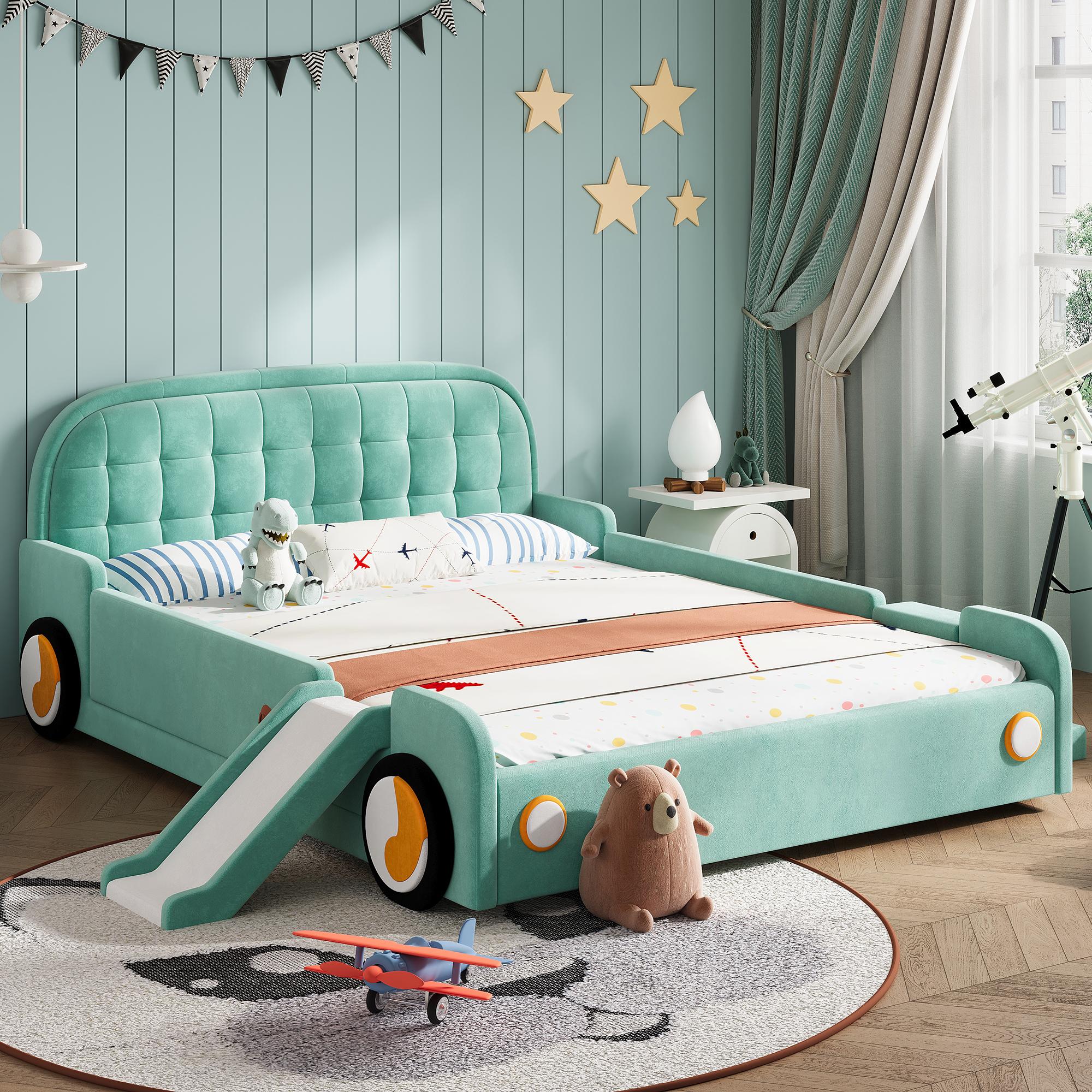 Flieks Kinderbett 140x200cm mit Rutsche und Treppe, Polsterbett mit Rausfallschutz und Lattenrost, Kinder Doppelbett Autobett Samt, Grün