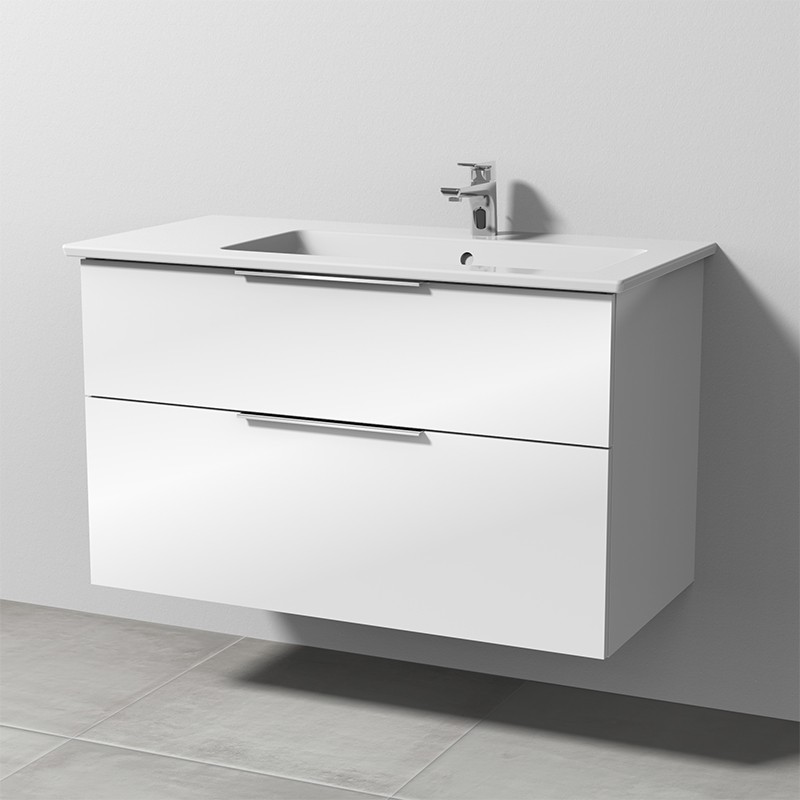 Sanipa 3way Keramik-Set Venticello Keramik-Waschtisch und Unterbau mit 2 Auszügen, Weiß-Glanz UF32678