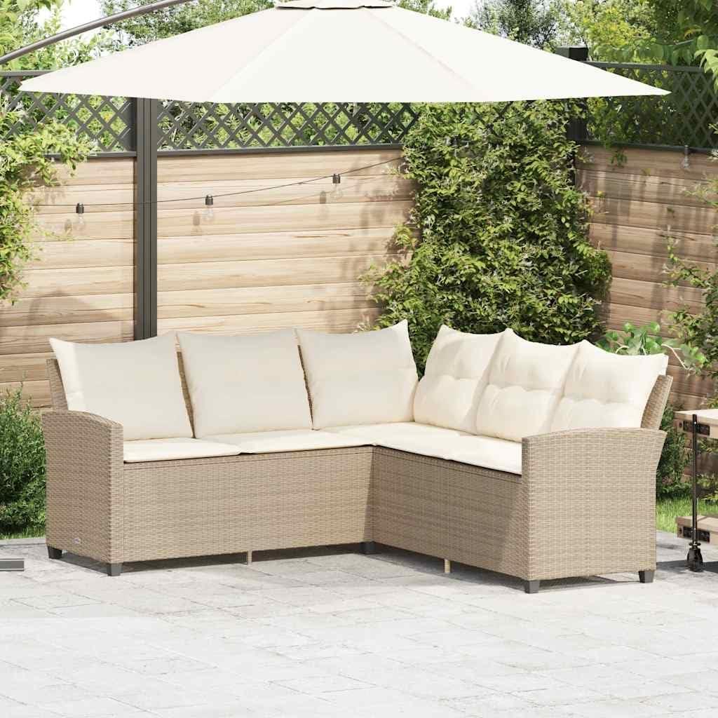 L-förmiges Couchsofa aus beigem Polyrattan, 184x184x80 cm, für Garten und Terrasse, mit dicken Kissen, UV-beständig und wasserfest