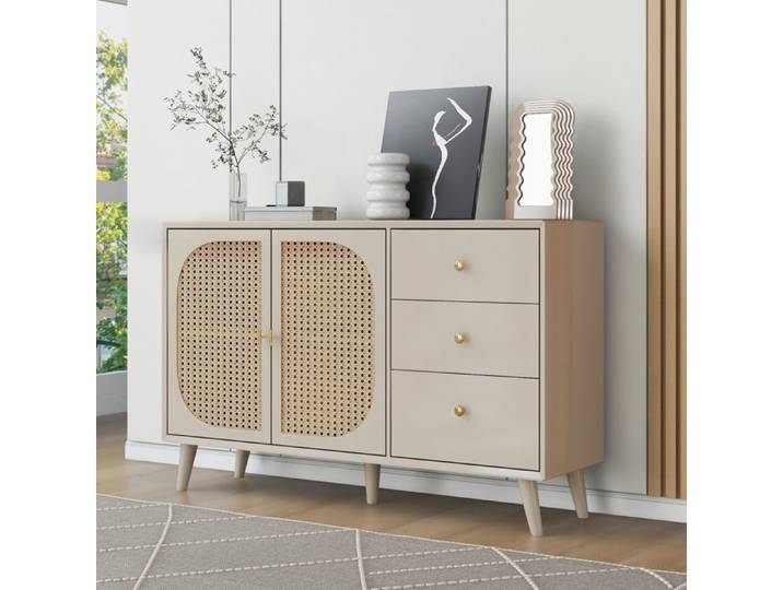 LPOSPI Buffet moderne - 2 portes 2 tiroirs grand rangement salon/salle à manger beige 120x40x60 cm