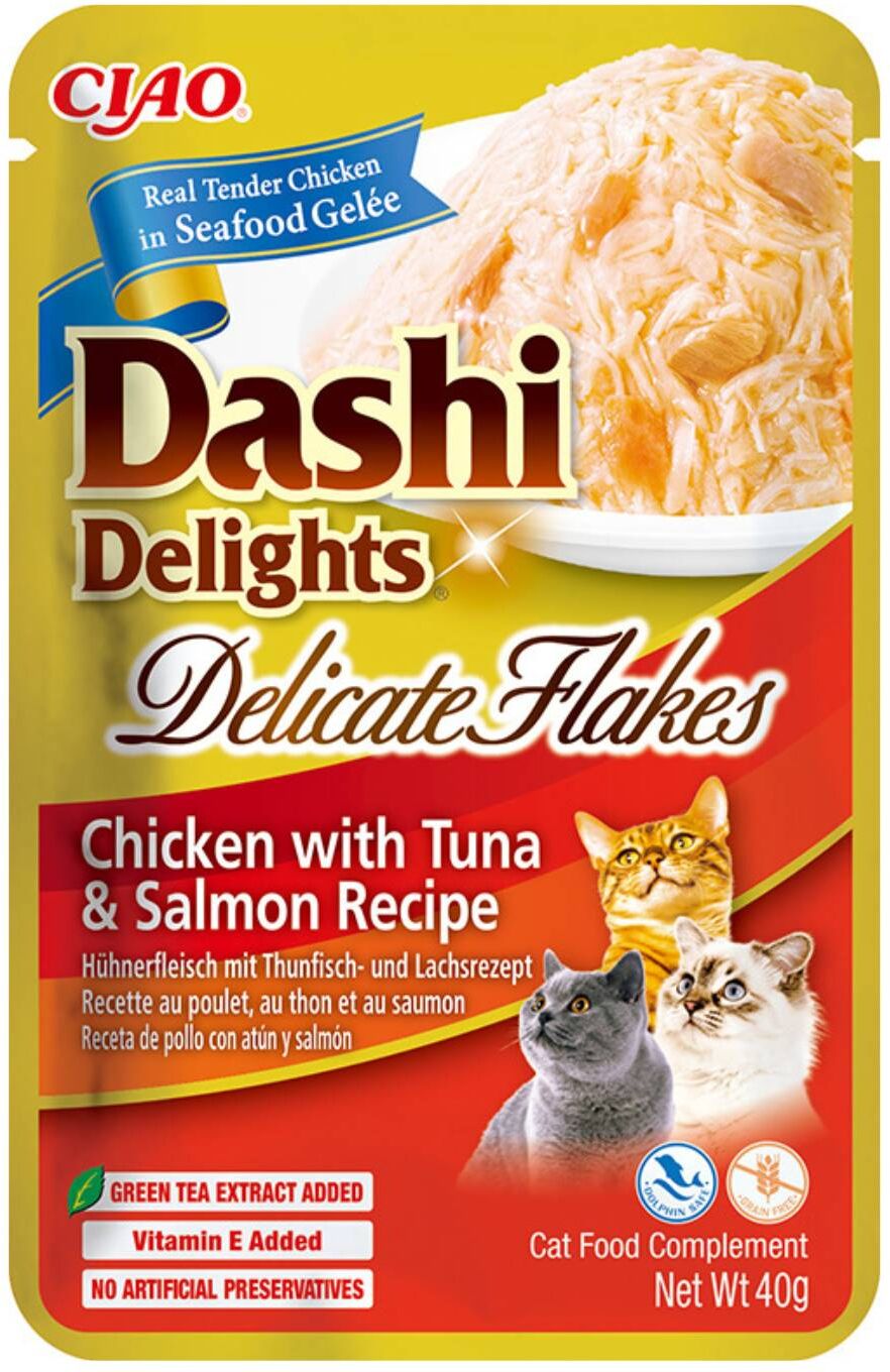 Inaba® Ciao® Inaba Dashi Delights Delicati Fiocchi di Pollo con Tonno e Salmone in Brodo Cibo Umido per Gatti 40 g