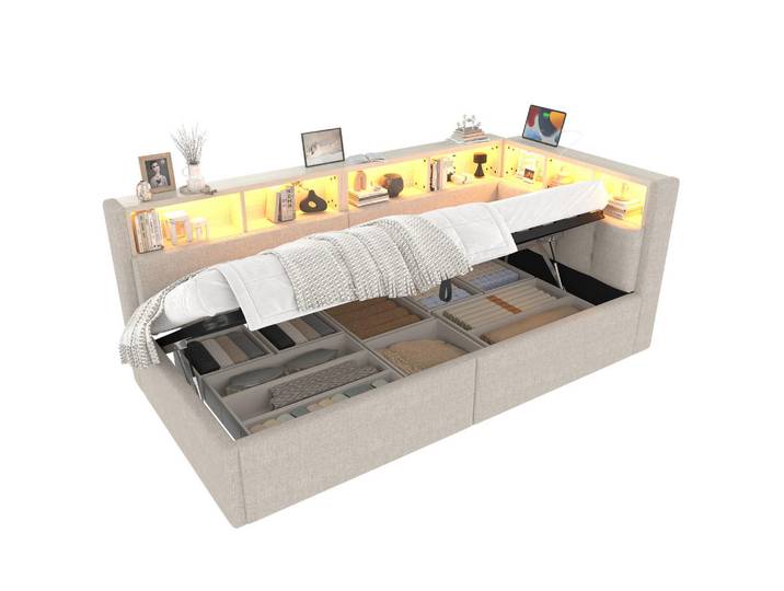 Flora Grace Bett 90/200 cm in Beige mit Stauraum und LED-Beleuchtung, 90x200 cm, Schlafzimmer, Betten