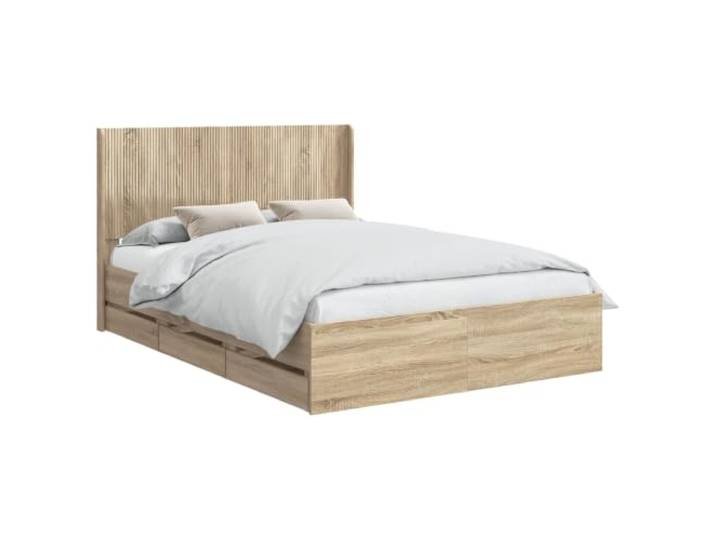 PUGYNBK Bettrahmen mit Aufbewahrung, Sonoma-Eiche Modernes Kopfteil, fester Lattenrost, integrierte Fächer, Holz