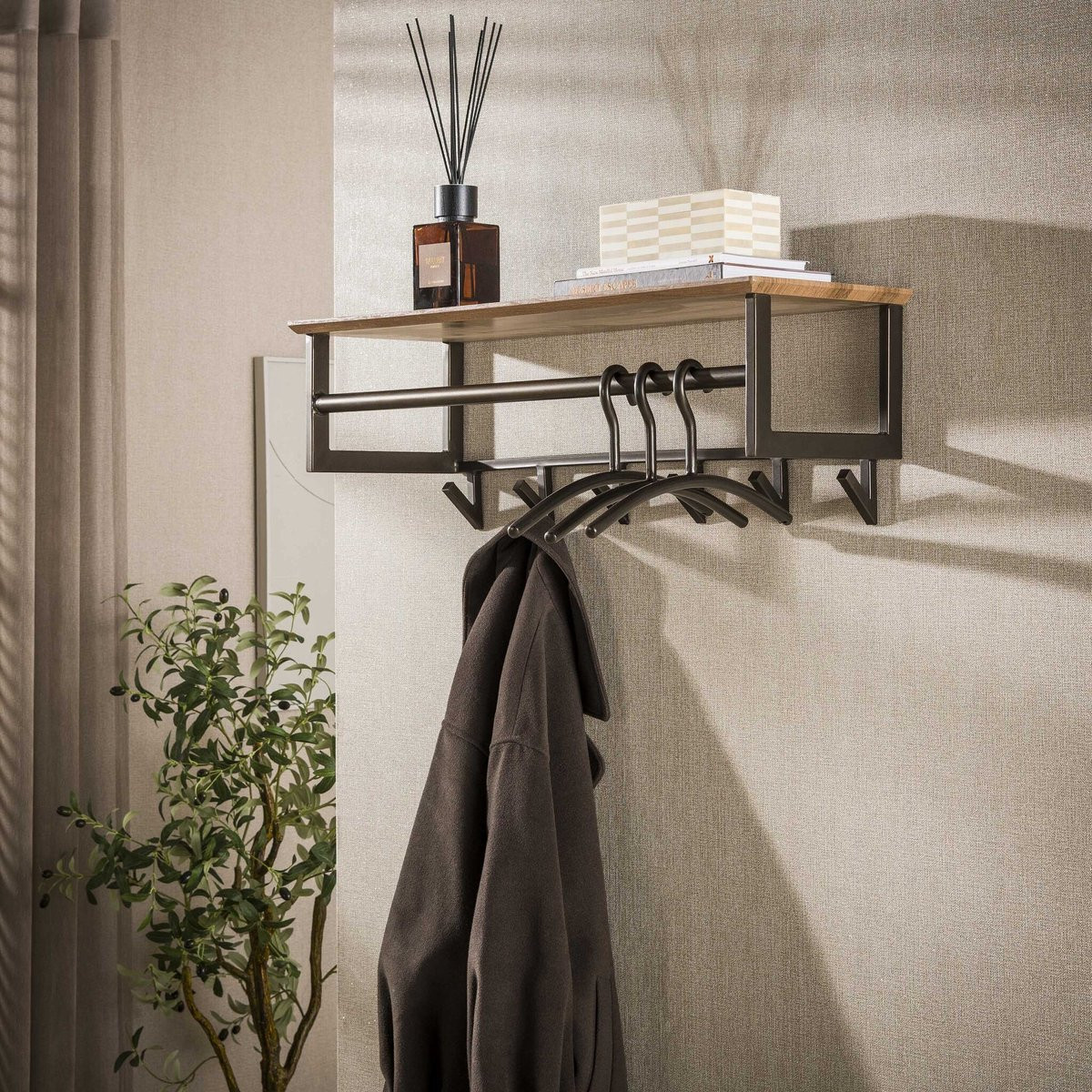 PS-Collection Wandkapstok met Hoedenplank en 6 Haken in Eikenlook en Metaal