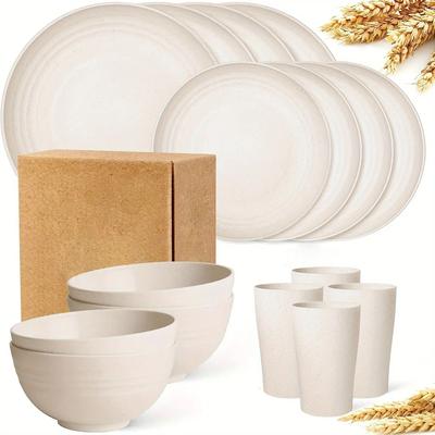 Uplift Picks Wheat Straw Dinnerware Set 16 Piece Unbreakable Reusable Tableware gray