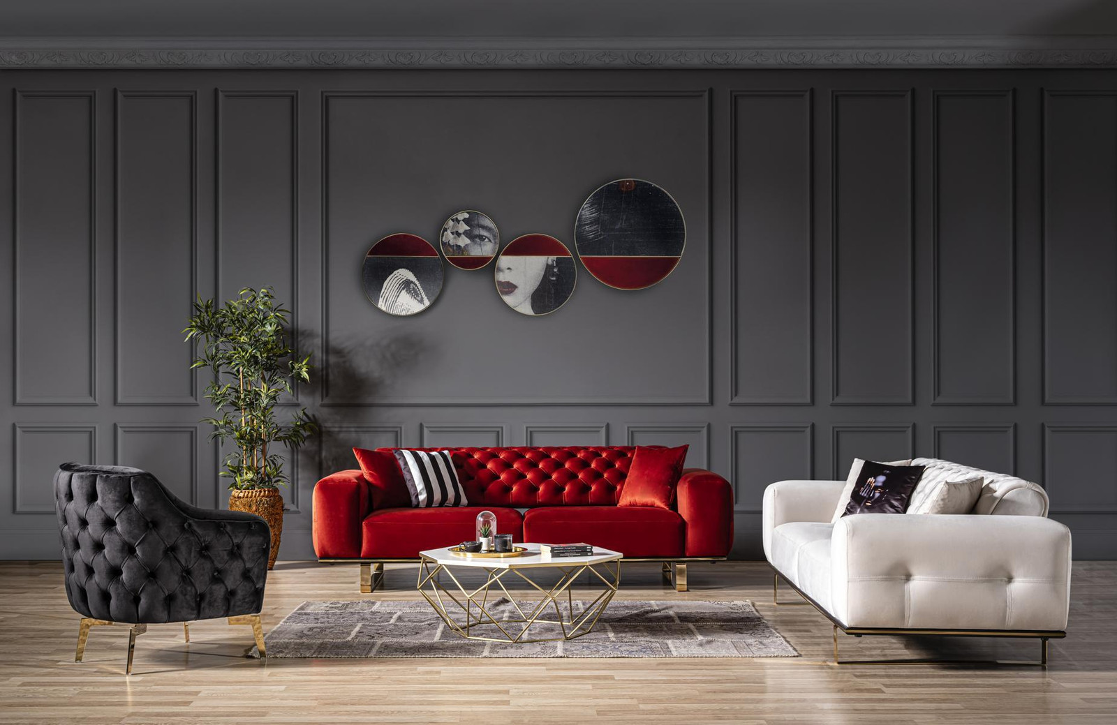 Sofagarnitur 331 Chesterfield Luxus Sitzer en Sessel in Rode Stoff