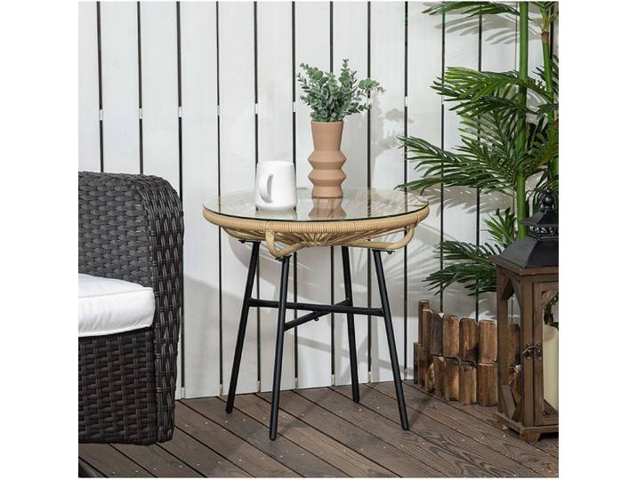 Table de Jardin Bistrot Ronde Plateau en Verre Trempe 5 mm - BEAUNIV - Boho pour Balcon Terrasse Beige 50×50×50 cm